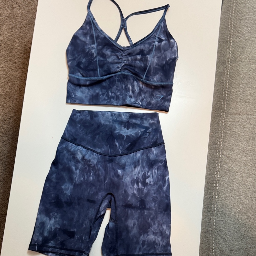 Gymshark Blue Tie-Dye Sports Bra and Shorts Set